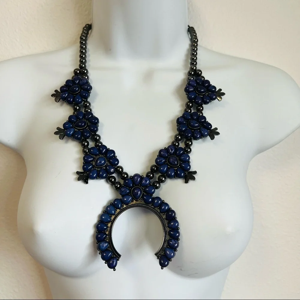 Lapis purple colored squash blossom statement necklace